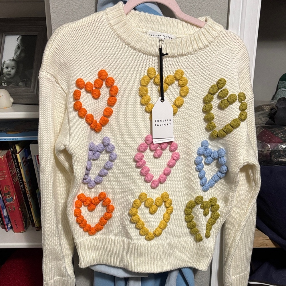 English Factory Cream Sweater with Colorful Heart Accents